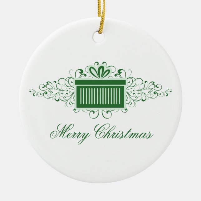 Holiday Swirls Present Ornament, Green Ceramic Tree Decoration (Front)