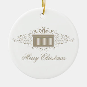 Holiday Swirls Present Ornament, Latte Ceramic Tree Decoration