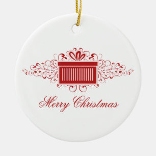 Holiday Swirls Present Ornament, Red Ceramic Tree Decoration