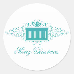 Holiday Swirls Present Stickers, Aqua Classic Round Sticker
