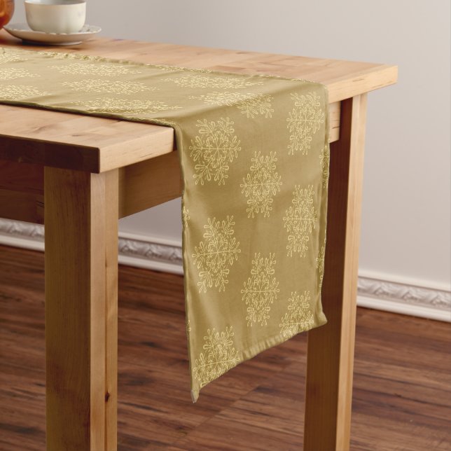 Holiday Table Runner-Gold Snowflakes Short Table Runner (In Situ)