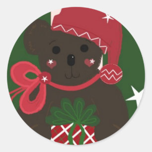 Holiday Teddy Bear on Green Background Classic Round Sticker