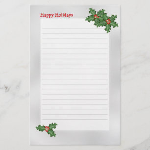 Holiday Themed, Green Holly Lined Writing Paper