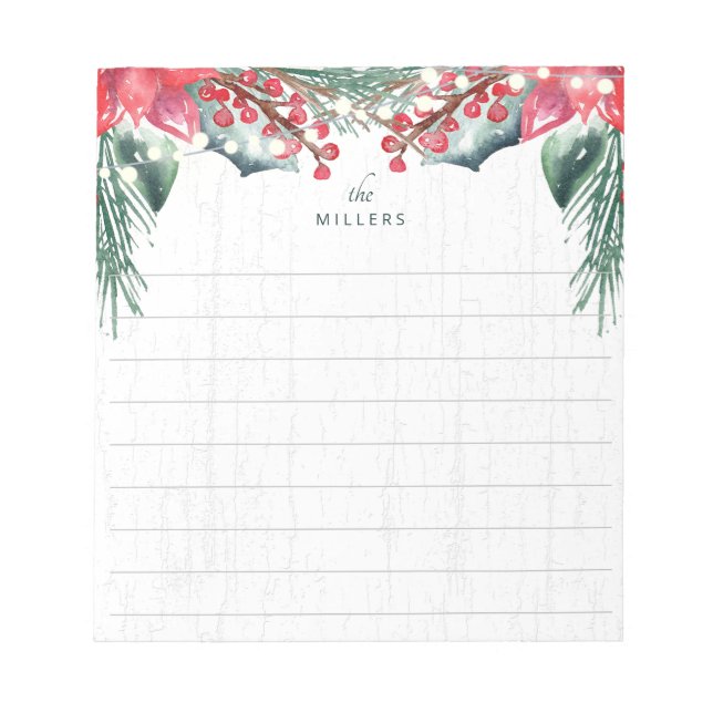Holiday Themed Green Red Floral Personalised Lined Notepad (Front)