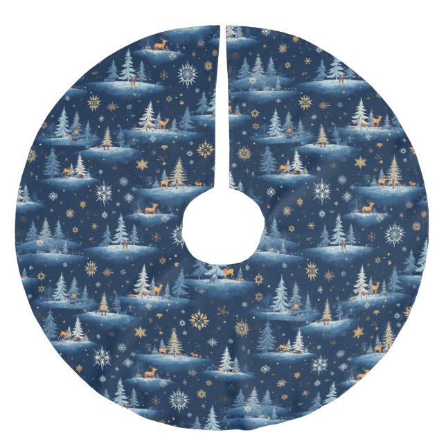 Holiday Toile, Trees Deer and Snowflakes  Brushed Polyester Tree Skirt (Front)