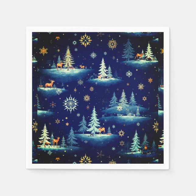 Holiday Toile, Trees Deer and Snowflakes  Napkin (Front)