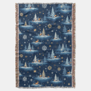Holiday Toile, Trees Deer and Snowflakes  Throw Blanket
