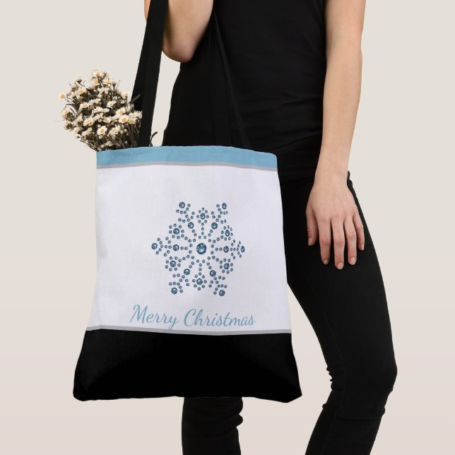 Holiday Tote Bag Blue Snowflake Merry Christmas (Close Up)
