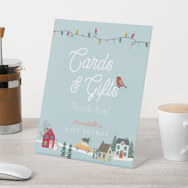 Holiday Town Blue Baby Shower Cards & Gifts Pedestal Sign (In SItu)