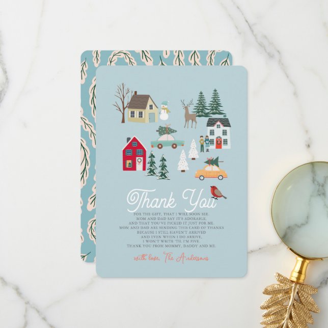 Holiday Town/Village Blue Baby Shower Thank You Card (Front/Back In Situ)