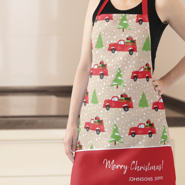 Holiday Tree Vintage Truck Merry Christmas Kitchen Apron (Creator Uploaded)
