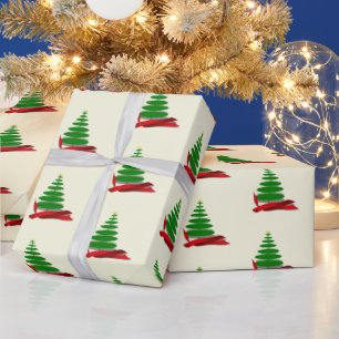 Holiday Tree with Red Ribbon Christmas Wrapping Paper