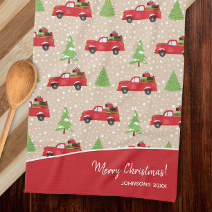 Holiday Tree with Vintage Truck Merry Christmas Tea Towel