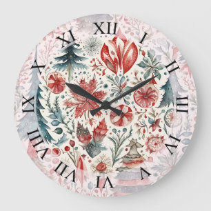 Holiday Trees, Winter holiday whimsical design. Large Clock