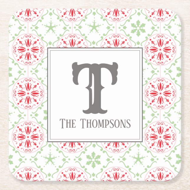 Holiday Trendy Snowflakes Christmas Monogram Square Paper Coaster (Front)