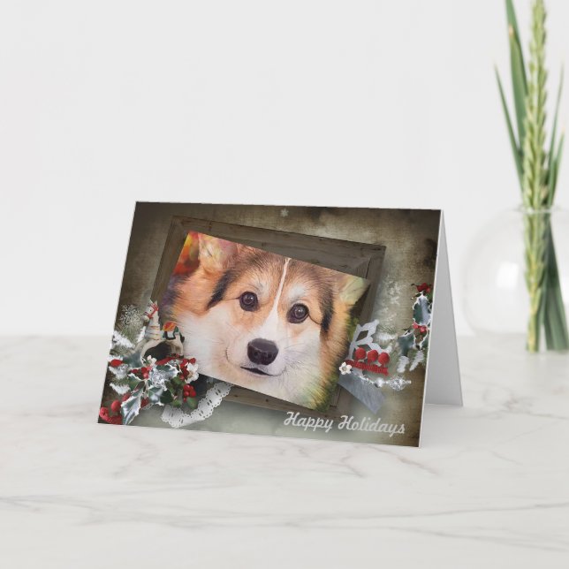 Holiday Tricolor Corgi in Wood Frame (Front)