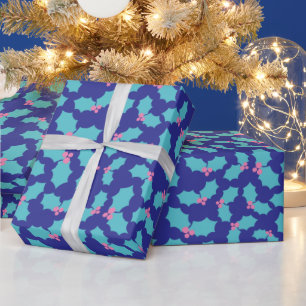 Holiday Turquoise & Pink Mistletoe Dark Blue Gift Wrapping Paper
