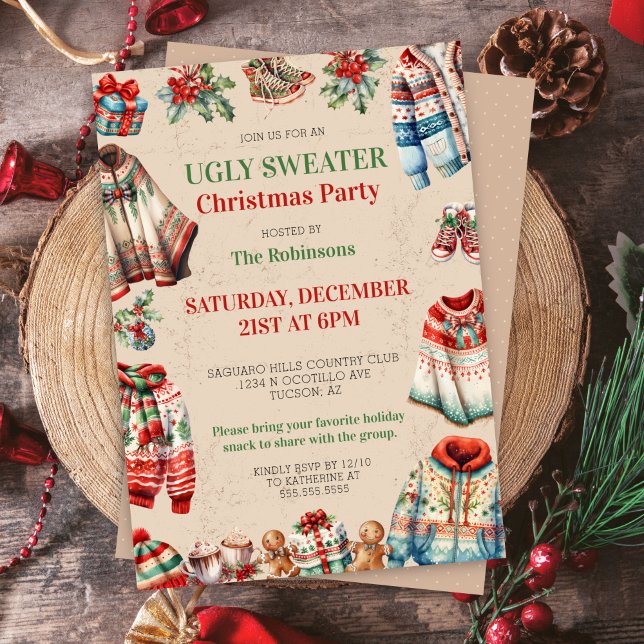 Holiday Ugly Christmas Sweater Gift Exchange Party Invitation (festive ugly sweater party invitation for christmas holiday party with white elephant gift exchange)