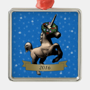 "Holiday Unicorn" Christmas Ornament w/Year (SqBl)