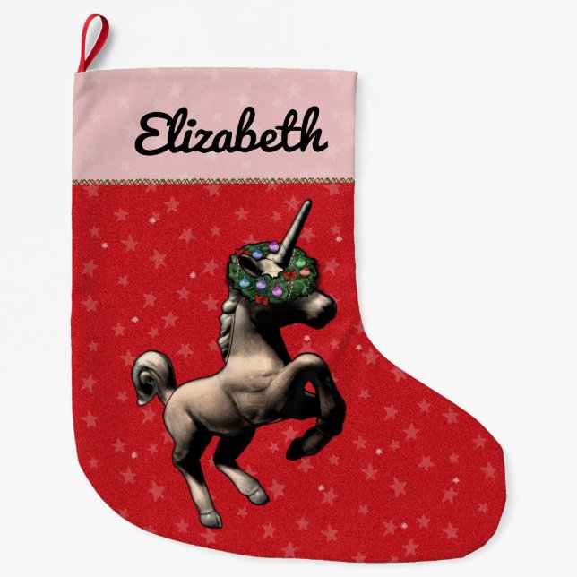 "Holiday Unicorn" Christmas Stocking (Red) (Front)