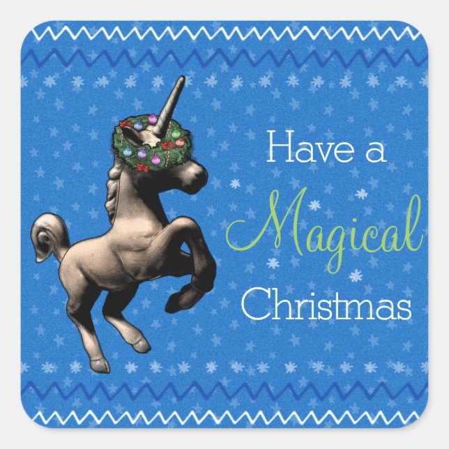 Holiday Unicorn "Magical Christmas" (Blue) Square Sticker (Front)