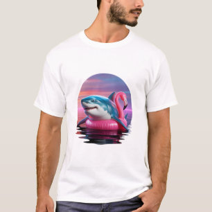 Holiday Vaporwave Shark in Flamingo Pool Float T-Shirt