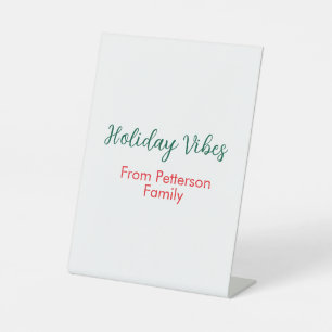 Holiday Vibes red Christmas add family name date b Pedestal Sign