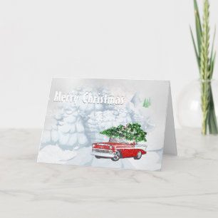 Holiday vintage car with snow Christmas trees cute Card