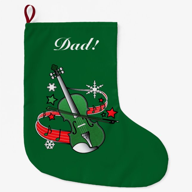 Holiday Violin with Notes and Snowflakes Large Christmas Stocking (Front)