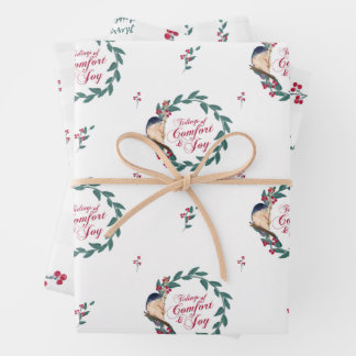 Holiday Watercolor Blue Bird Red Berries & Greens Wrapping Paper Sheet