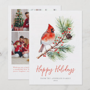 Holiday Watercolor Cardinal Christmas Family Photo Card