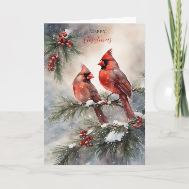 Holiday Watercolor Cardinal Pair Card (Front)