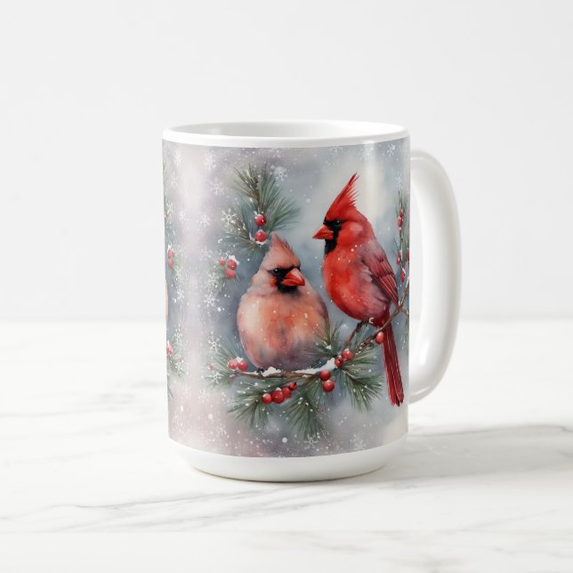 Holiday Watercolor Cardinal Pair Coffee Mug (Front Right)