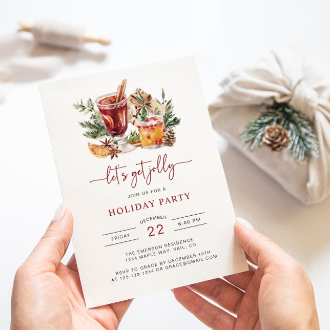 Holiday Watercolor Christmas Party Invitation (Let's Get Jolly Cocktail Holiday Party Christmas Invitation)