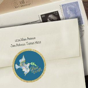 Holiday Watercolor Dove Gold Peace on Earth Classic Round Sticker