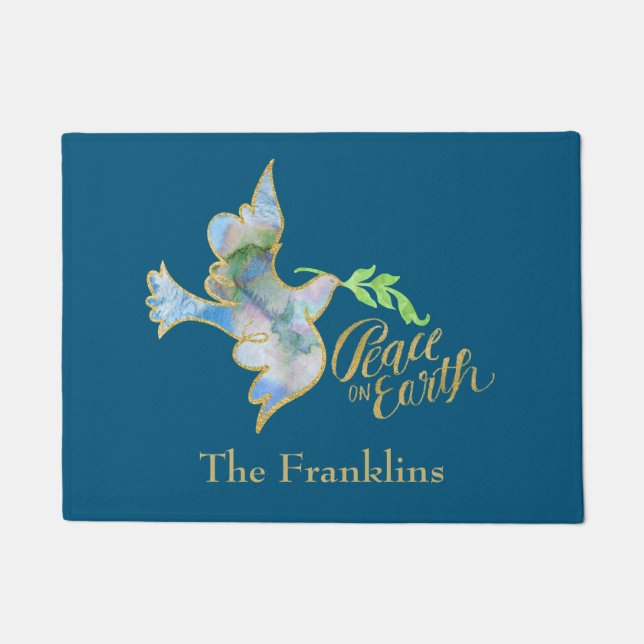 Holiday Watercolor Dove Gold Peace on Earth Doormat (Front)