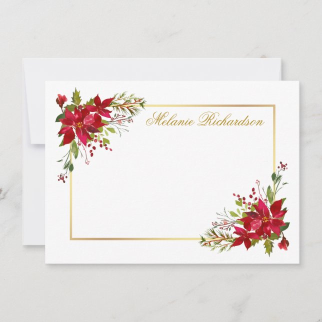 Holiday Watercolor Floral Red Poinsettia Gold Card (Front)