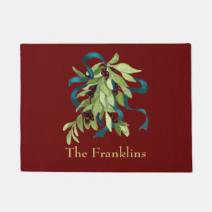 Holiday Watercolor Mistletoe Red Berries Teal Blue Doormat