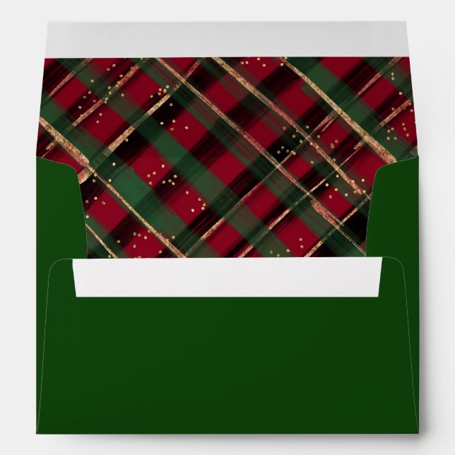 Holiday Watercolor Plaid Red Green Gold Lined  Envelope (Back (Bottom))