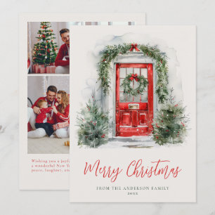 Holiday Watercolor Red Door Christmas Family Photo Card