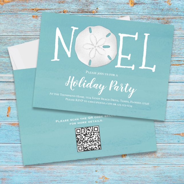 Holiday Watercolor Turquoise Sand Dollar QR Code  Invitation (Holiday Noel beach sand dollar theme party invitation with turquoise blue water.)