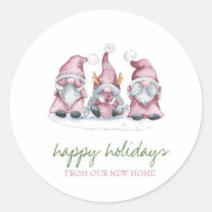 Holiday We Have Moved,Adorable Pink Gnomes  Classic Round Sticker
