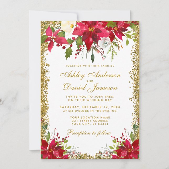 Holiday Wedding Floral Poinsettia Gold Glitter Invitation (Front)