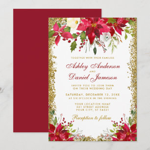 Holiday Wedding Floral Red Poinsettia Gold Glitter Invitation