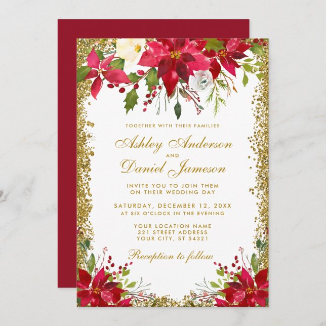 Holiday Wedding Gold Glitter Floral Red Poinsettia Invitation (Front/Back)