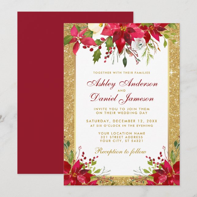 Holiday Wedding Gold Glitter Red Floral Poinsettia Invitation (Front/Back)