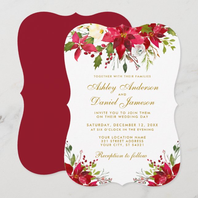 Holiday Wedding Gold Red Floral Poinsettia Invitation (Front/Back)