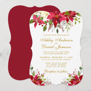 Holiday Wedding Gold Red Floral Poinsettia Invitation