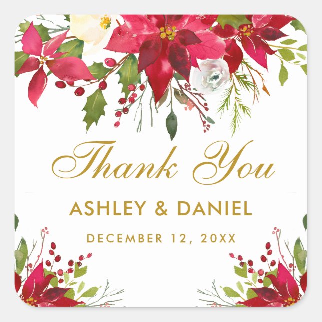 Holiday Wedding Poinsettia Floral Gold Thank You Square Sticker (Front)