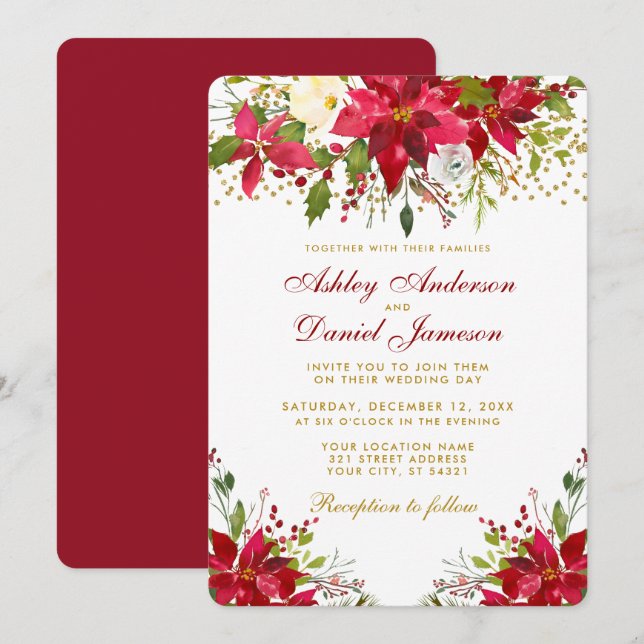 Holiday Wedding Poinsettia Floral Red Gold Glitter Invitation (Front/Back)